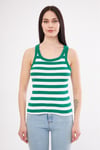 Kadın Yeşil Beyaz Çizgili Fitilli Likralı T-shirt Halter Yaka Örme Atlet