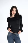Kürklü Kayık Yaka Uzun Kollu Dalgıç Slim Fit Off Shoulder Bluz