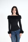 Kürklü Kayık Yaka Uzun Kollu Dalgıç Slim Fit Off Shoulder Bluz