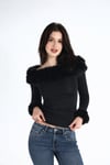 Kürklü Kayık Yaka Uzun Kollu Dalgıç Slim Fit Off Shoulder Bluz