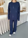 Cansın Mini Beyaz Kız Çocuk Desenli Modal Kumaş Geniş Paça Eşofman Takımı Lacivert