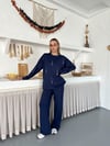 Cansın Mini Beyaz Kız Çocuk Desenli Modal Kumaş Geniş Paça Eşofman Takımı Lacivert