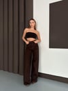 Kahve Palazzo Straight Baggy Kot Kadın Pantolon