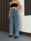 Linda 90's Orta Kar Yıkama Mavi Likralı Süper Extra Yüksek Bel Palazzo Salaş Jean Pantolon