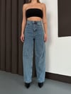 Linda 90's Orta Kar Yıkama Mavi Likralı Süper Extra Yüksek Bel Palazzo Salaş Jean Pantolon