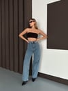 Linda 90's Orta Kar Yıkama Mavi Likralı Süper Extra Yüksek Bel Palazzo Salaş Jean Pantolon