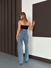 Linda 90's Orta Kar Yıkama Mavi Likralı Süper Extra Yüksek Bel Palazzo Salaş Jean Pantolon