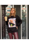 Çantalı Ve Ayı Baskılı Siyah Oversize Sweatshirt