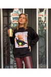Çantalı Ve Ayı Baskılı Siyah Oversize Sweatshirt