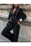 Dikiş Detaylı Siyah Crop Blazer Ve Pantolon Takım