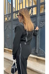 Dikiş Detaylı Siyah Crop Blazer Ve Pantolon Takım