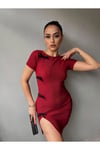 Fiyonklu Bordo Yırtmaçlı Fitilli Penye Mini Elbise