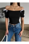 Fiyonklu Fitilli Siyah Penye Kısa Kol Crop Bluz