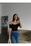 Fiyonklu Fitilli Siyah Penye Kısa Kol Crop Bluz