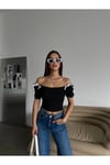 Fiyonklu Fitilli Siyah Penye Kısa Kol Crop Bluz