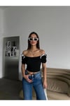 Fiyonklu Fitilli Siyah Penye Kısa Kol Crop Bluz