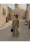 Haki Fırfırlı Keten Bluz Ve Pantolon Takım