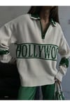 Hollywood Yazılı Oversize Krem Triko Kazak
