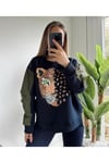 Kolları Paraşüt Leopar Desenli Oversize Lacivert Sweatshirt
