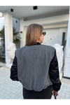 Kolları Saten Taş Detaylı Gri Bomber Ceket