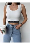 Lastik detaylı Fitilli Beyaz Crop