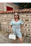 Önü Bağlamalı Mavi Keten Bluz Ve Şort Takım