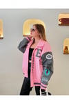 Oversize Pembe Tasarım Deri Bomber Ceket