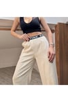 Pink Yazılı Beli Lastikli Krem Rengi Keten Pantolon