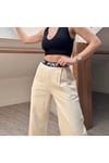 Pink Yazılı Beli Lastikli Krem Rengi Keten Pantolon