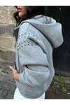 Taş Işlemeli Kapişonlu Gri Sweatshirt Hırka