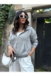 Taş Işlemeli Kapişonlu Gri Sweatshirt Hırka