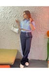 Tasarım Mavi Crop Gömlek Ve Pantolon Takım