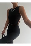 Yanları Kalp Taş Detaylı Siyah Fitilli Crop Tshirt