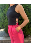 Yanları Kalp Taş Detaylı Siyah Fitilli Crop Tshirt