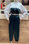Yeşil Saten Detaylı Tasarım Sweatshirt Takım