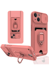 Apple iPhone 15 Kılıf Zuma Kartvizitli Yüzüklü Silikon - Pembe
