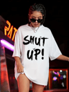 20/1 Penye Compack Oversize Beyaz Shut Up Kısa Kol Yazlık Tişört - Beyaz