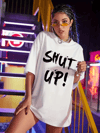 20/1 Penye Compack Oversize Beyaz Shut Up Kısa Kol Yazlık Tişört - Beyaz