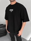 Baskılı Oversize Bisiklet Yaka T-shirt - Siyah