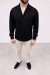 Erkek Aerobin Kumaş Oversize 4 Mevsim Uzun Kollu Rahat Kalıp Gömlek - Siyah