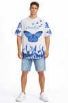 Erkek Asit Yıkamalı Oversize Tişört Mavi Kelebek Baskılı Dijital Print Bisiklet Yaka Streetwear T-Shirt - Beyaz