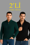 Erkek Fitilli Triko Kazak 2’li Set – Siyah & Haki Kalın Dokuma Pamuklu Regular Fit V Yaka Fermuarlı Uzun Kollu Rahat Kışlık Kazak Kombini