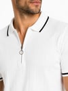 Erkek Fitilli Triko T-shirt Polo Yaka Yarım Fermuarlı Kısa Kollu Tişört - Beyaz