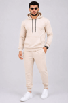 Erkek İki İplik Kapüşonlu Kanguru Cepli Sweatshirt Jogger Pantolon Alt Üst Eşofman Takımı -Bej