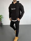 Erkek Kapşonlu Sweatshirt Oversize Üç İplik Şardonlu Other Lives Ön Arka Baskılı - Siyah
