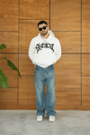 Erkek Kapüşonlu 3 İplik Şardonlu Önü Baskılı Fermuarlı Oversize Sweatshirt - Beyaz