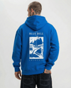 Erkek Kapüşonlu Double Oversize Hoodie – Üç İplik Pamuklu, Deniz ve Yelken Baskılı, Kanguru Cepli Premium Sweatshirt - Saks Mavi