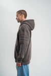 Erkek Nakış İşlemeli Kapşonlu Antrasit Sweatshirt Üç İplik Double Oversize- Füme
