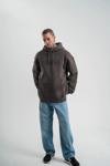 Erkek Nakış İşlemeli Kapşonlu Antrasit Sweatshirt Üç İplik Double Oversize- Füme