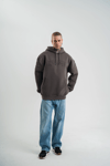 Erkek Nakış İşlemeli Kapşonlu Antrasit Sweatshirt Üç İplik Double Oversize- Füme